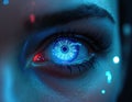 Close up photo shows human eye with futuristic digital iris. Artificial intelligence design concept represents advanced tech Royalty Free Stock Photo