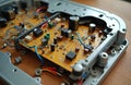 Close up photo shows an open electronic device during repair. Circuit board with numerous components is visible inside the frame. Royalty Free Stock Photo
