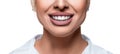 Close up photo of a smiling woman over white backgorund. Teeth whitening and dental health concept. Royalty Free Stock Photo