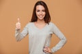 Close-up photo of smiling young brunette woman in gray blouse s Royalty Free Stock Photo