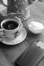 Close-up photo of someone drinking tea in the front yard of his house Royalty Free Stock Photo