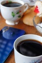 Close-up photo of someone drinking tea in the front yard of his house Royalty Free Stock Photo