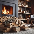 Close up Photo of Stack of firewood with fireplace at home indoors. ai generative