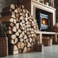 Close up Photo of Stack of firewood with fireplace at home indoors. ai generative