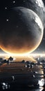 Golden Light: A Stunning 32k Uhd Epic Fantasy Scene With Water Planets