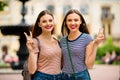 Close up photo of sweet people with red brunette hair making v-signs wearing striped t-shirt denim jeans rucksack in