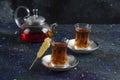 Close up photo of tea table. Teapot and two glass tea Royalty Free Stock Photo