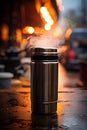 Close-up photo of a thermos mug of hot coffee, tea with steam on the evening street. Cold days, damp weather. Mood and concept of