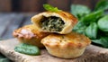 Close-up photo of three small spinach pies, spinach pastries Royalty Free Stock Photo