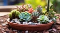 A close up photo of tiny succulent plants in a miniature garden, with a range of textures and patterns