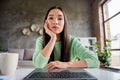 Close up photo of tired chinese girl sit desk use laptop web camera listen teacher talk online broadcast lecture in Royalty Free Stock Photo