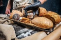 Tray with freshly prepared products from his bakery