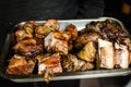 Close up photo of a tray full of traditional Argentine asado barbecue meat Royalty Free Stock Photo