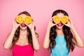 Close up photo two people beautiful she her ladies hands arms hold hide eyes specs organic nature fruits party festive