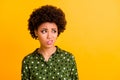 Close up photo of upset sad afro american girl look copy space hear friends summer holidays suggestion dislike dont want Royalty Free Stock Photo