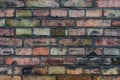 Close-up photo of a very old red brick wall, on which defects were partially manifested due to long time Royalty Free Stock Photo