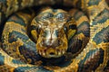Close Up Photo of a Vibrant Burmese Python with Intricate Scales and Intense Gaze