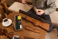 Close-up photo of weapon accessories on table