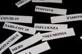 Close-up photo of white stickers with different diseases on black background, Covid  19, Ebola, Coronavirus, Sars, cov Royalty Free Stock Photo