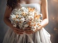 Close up photo of woman hands holding an elegant bridal bouquet with real flowers and decorated with silk butterflies Royalty Free Stock Photo