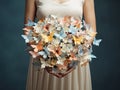 Close up photo of woman hands holding an elegant bridal bouquet with real flowers and decorated with silk butterflies Royalty Free Stock Photo