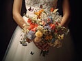 Close up photo of woman hands holding an elegant bridal bouquet with real flowers and decorated with silk butterflies Royalty Free Stock Photo