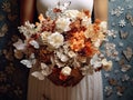 Close up photo of woman hands holding an elegant bridal bouquet with real flowers and decorated with silk butterflies Royalty Free Stock Photo