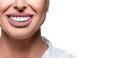 Close up photo of woman mouth with perfect white teeth. Dental health concept with copy space. Royalty Free Stock Photo