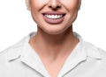 Close up photo of woman mouth with perfect white teeth. Dental health concept. Royalty Free Stock Photo