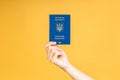 Close-up photo of woman\'s hand holding ukrainian passport, having fun