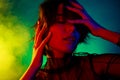 Close up photo of woman touch face skin close eyes feeling enjoyment isolated misty colorful neon background Royalty Free Stock Photo