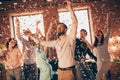 Close up photo yelling best friends hang out dancing great time drunk birthday sing singer hands arms raised up she her Royalty Free Stock Photo