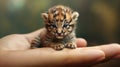 Dreamy Junglecore: Tiny Tiger On Palm - Bold And Precise Artwork