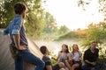 Close up photo. young man is enjoying the beauty of landscape