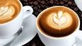 This close-up photograph captures a coffee cup filled with a frothy cappuccino sitting atop a pile