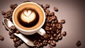 This close-up photograph captures a coffee cup filled with a frothy cappuccino sitting atop a pile