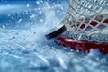 A close-up photograph captures the details of a hockey net and a puck in action during a game, A detailed illustration of a hockey