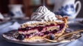 Delicious Blueberry Pie with Whipped Cream on Patterned Plate Royalty Free Stock Photo