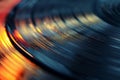 This close-up photograph captures a record on a table, showcasing its grooves and creating a visual representation of music,