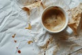 Close-up photograph capturing the details of a coffee cup and a white paper stained with coffee marks AI generated Royalty Free Stock Photo