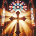 A close-up photograph capturing the solemnity of a cross at the center stage of a church altar Royalty Free Stock Photo