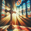 A close-up photograph capturing the solemnity of a cross at the center stage of a church altar Royalty Free Stock Photo