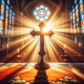 A close-up photograph capturing the solemnity of a cross at the center stage of a church altar