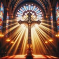 A close-up photograph capturing the solemnity of a cross at the center stage of a church altar