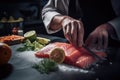 Chef slicing salmon for meal prep.. Generative Ai