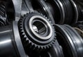 Close-up photograph of interlocking metal gears with sharp teeth dark metallic textures and industrial lighting Royalty Free Stock Photo