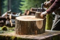 Close-up photograph of a log being sawed with blur background in woodworking process