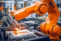Close-up photograph of a modern assembly line in a car factory showing the integration of automated arms - generative ai Royalty Free Stock Photo