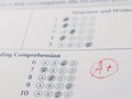 Close-up photograph of a perfect grade on a scantron test Royalty Free Stock Photo