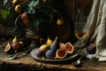 A close-up photograph of a plate filled with fresh figs next to a glass of red wine, A warm still life of a rustic table setting,
